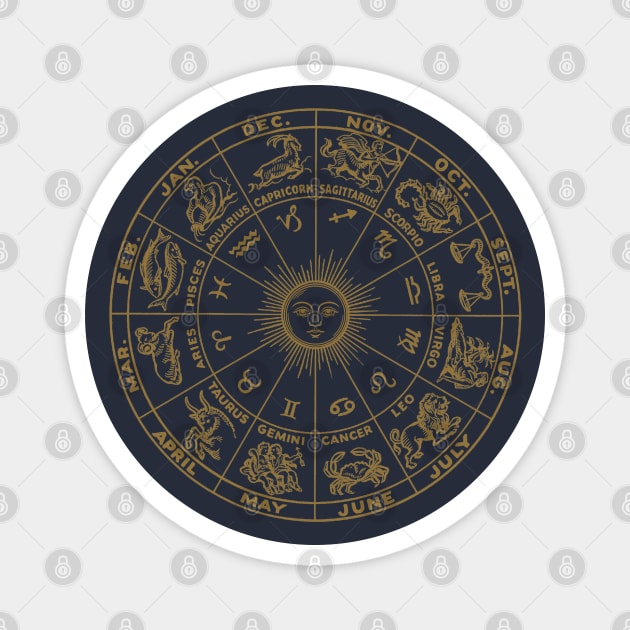 Vintage Astrology Wheel Shirt – 12 Zodiac Signs in Gold Celestial Mandala Magnet by Stylecombinator